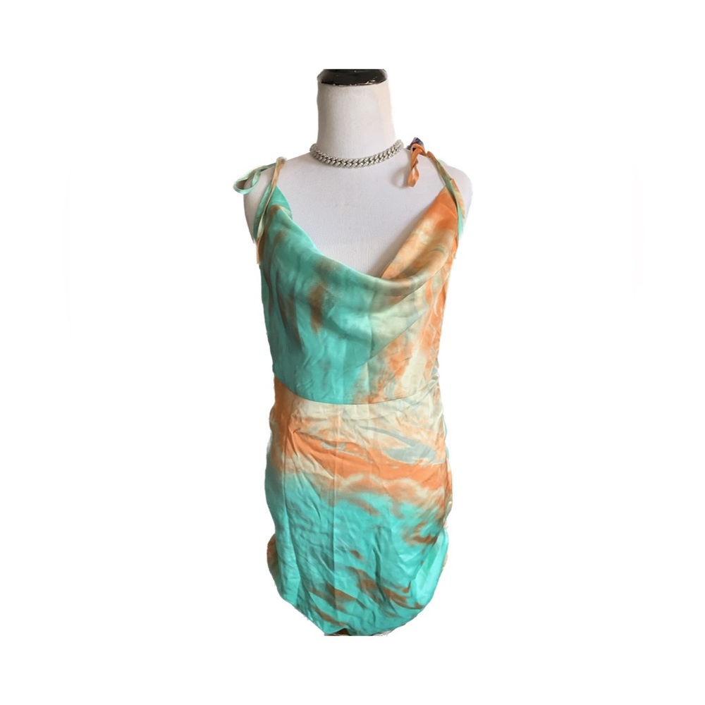 New Green and Orange Satin Dress from Fashion Nova.